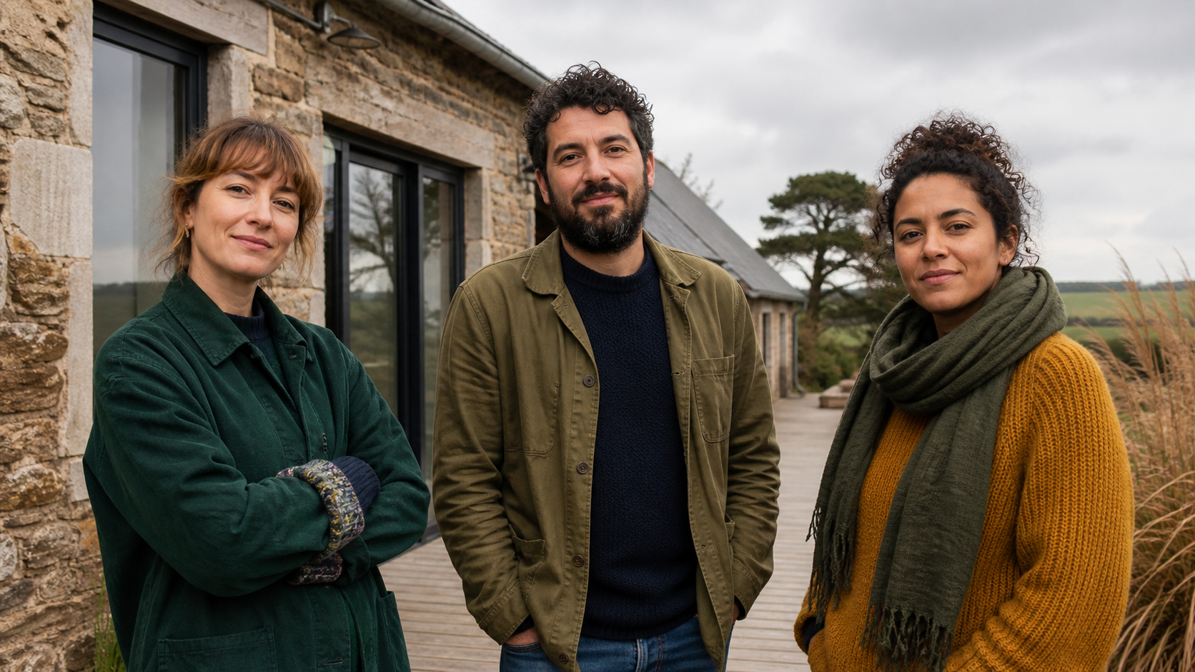 Équipe de Narration Sillon devant son studio en Bretagne